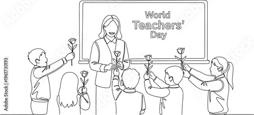 world teachers day, children giving flowers to teacher