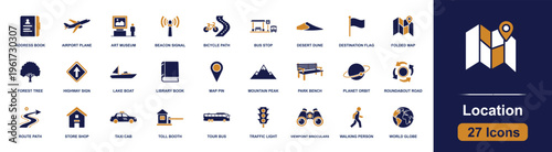Location icon set. Containing map, pin, route, bus, taxi, mountain, museum, airport, traffic, destination and more. Solid fill vector icons collection for travel navigation design.