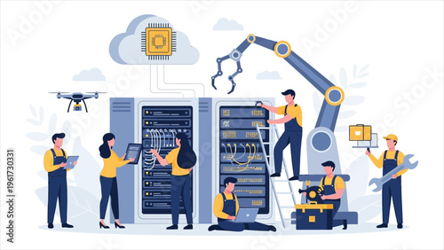 Futuristic data center scene with tiny characters teaming up with AI, servers, and robotic arms to build, maintain, and repair advanced supercomputer infrastructure