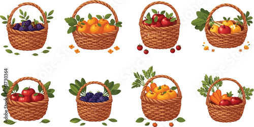 Collection of fruit basket vector illustrations featuring apples oranges berries grapes and harvest wicker baskets with leaves set