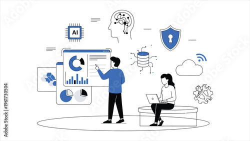 Illustration assets depicting a startup company developing technology solutions in the tech industry.