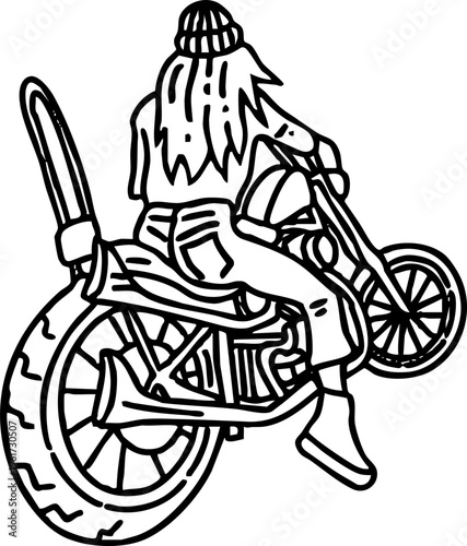 Dynamic black and white line art vector showing a person in a beanie on a vintage chopper motorcycle, viewed from behind, capturing the spirit of open-road freedom and individuality