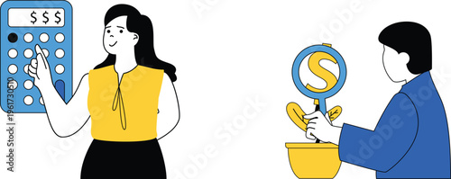 Two professionals discussing financial planning and investment strategies together with a calculator and piggy bank symbol