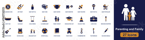 Parenting and family icon set. Containing baby bottle, crib, diaper, stroller, family group, lunch box, school bag, story book, teddy bear and more. Solid fill vector icons collection.