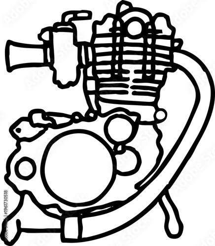 Stylized black and white line art illustration of a motorcycle engine, highlighting its mechanical components and internal combustion system, ideal for technical diagrams or vintage automotive designs