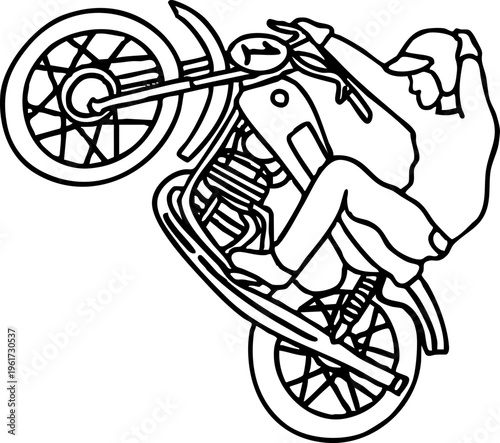 Dynamic line art illustration depicting a daring motorcyclist performing an exciting wheelie stunt on a classic two-wheeled vehicle, showcasing speed and thrill in a modern graphic style