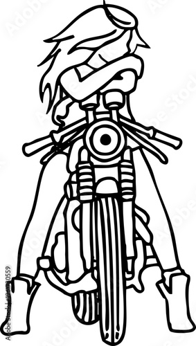 Front view illustration of a person riding a motorcycle, with the handlebars and front wheel clearly visible in this line art design