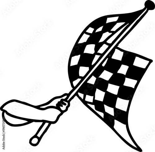 Dynamic black and white illustration of a hand waving a classic checkered flag, symbolizing the ultimate finish line, victory, and the thrilling conclusion of any competition