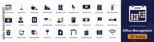 Office management icon set. Containing schedule, cleaning, support, policy, backup, projector, recycling, desk, review and more. Solid fill vector icons collection for workplace design.