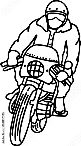A line art illustration of a person wearing a helmet and jacket, riding a vintage motorcycle with a prominent headlight and front wheel
