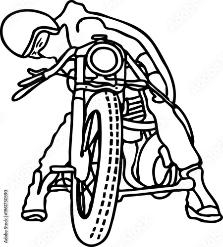 Energetic outline illustration of a vintage motorcycle racer, captured in a dynamic lean on a classic bike, symbolizing speed and competition, ideal for sport and hobby designs