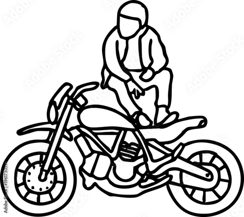 Minimalist Line Art Illustration of a Biker Resting on an Off-Road Motorcycle, Embodying the Spirit of Adventure and Independent Exploration