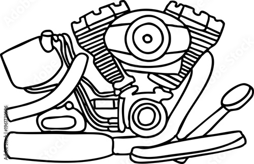 Detailed line drawing illustration of a motorcycle engine, showcasing intricate mechanical components and powerful design elements