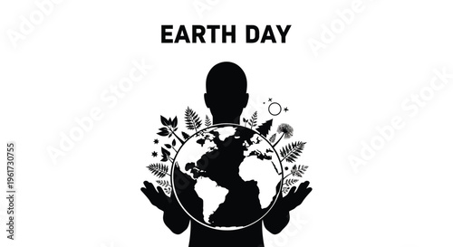 Simple black and white vector graphic illustration celebrating earth day with hands holding the planet and foliage