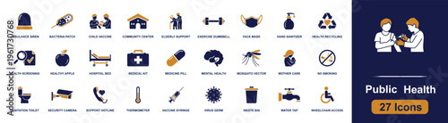 Public health icon set. Containing vaccine, sanitizer, screening, hospital, virus, thermometer, hotline, hygiene and more. Solid fill vector icons collection for healthcare design.