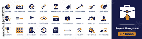 Project management icon set. Containing budget pie, milestone flag, planning folder, scrum sprint, task checklist, quality gate, timeline arrow and more. Solid fill vector icons collection.
