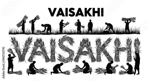 Black and white vector graphic illustration celebrating the Vaisakhi harvest festival with farmers and wheat sheaves