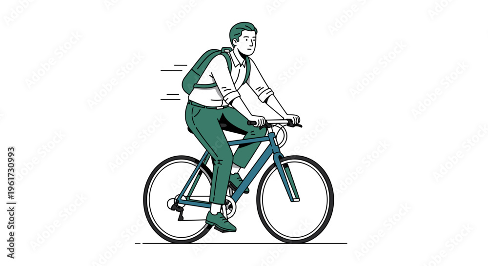 Obraz premium Young adult riding bicycle wearing backpack commuting to work or school in urban setting