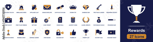 Rewards icon set. Containing trophy, bonus, gift, voucher, medal, crown, target, progress, success and more. Solid fill vector icons collection for loyalty and brand achievement design.