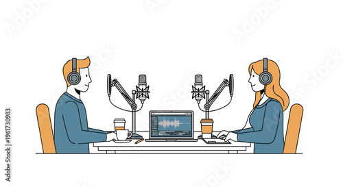 Two podcasters recording an episode at a desk with microphones and laptop