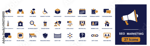SEO marketing icon set. Containing keyword search, online chat, forum, feedback, video meeting, social network, support, analytics, outreach and more. Solid fill vector icons collection.