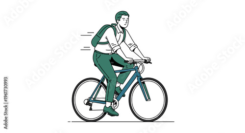 Young adult riding bicycle wearing backpack commuting to work or school in urban setting