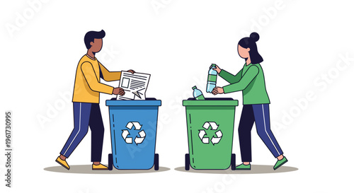 Man and woman recycling paper and plastic into colorful bins for eco friendly living
