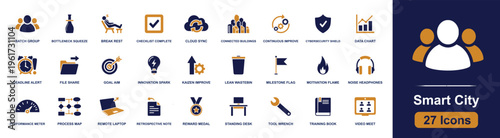 Smart city icon set. Containing connected buildings, cloud sync, cybersecurity, data chart, process map, video meet, checklist, milestone, training and more. Solid fill icons collection.