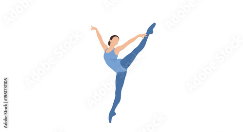 Woman in blue leotard performs ballet dance move with one leg extended high