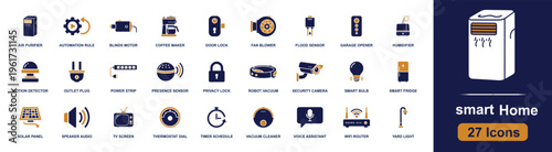 Smart home icon set. Containing air purifier, door lock, wifi router, smart bulb, solar panel, security camera, robot vacuum, thermostat and more. Solid fill vector icons collection.
