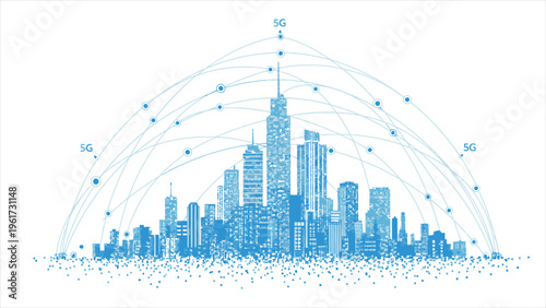 Network and communication in a digital city, illustrating the future of smart cities connected through the Internet of Things (IoT) and powered by 5G technology