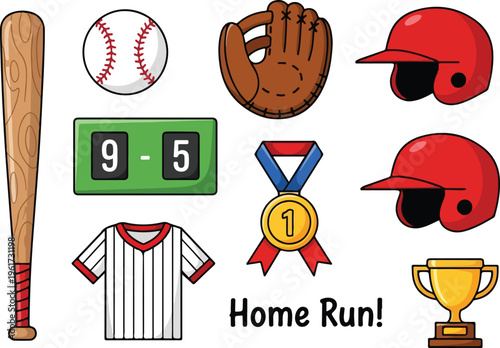 Collection of baseball equipment and awards, celebrating the thrill of a home run with trophy, medal, and scorecard