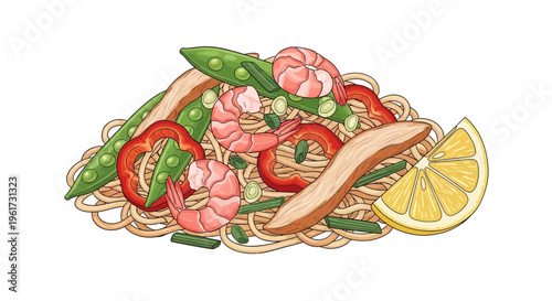 Asian Noodles with Shrimp, Chicken, Vegetables and Lemon Slice