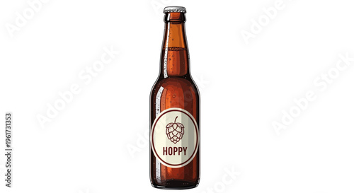 Brown beer bottle with hoppy label, isolated on white background