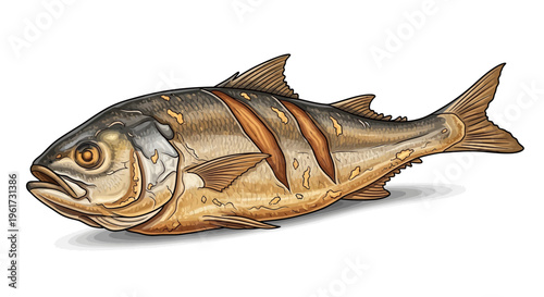 Cooked Whole Fish, Grilled Seafood, Isolated on White Background