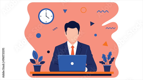 Professional Man Working on Laptop – Modern Office Vector Illustration
