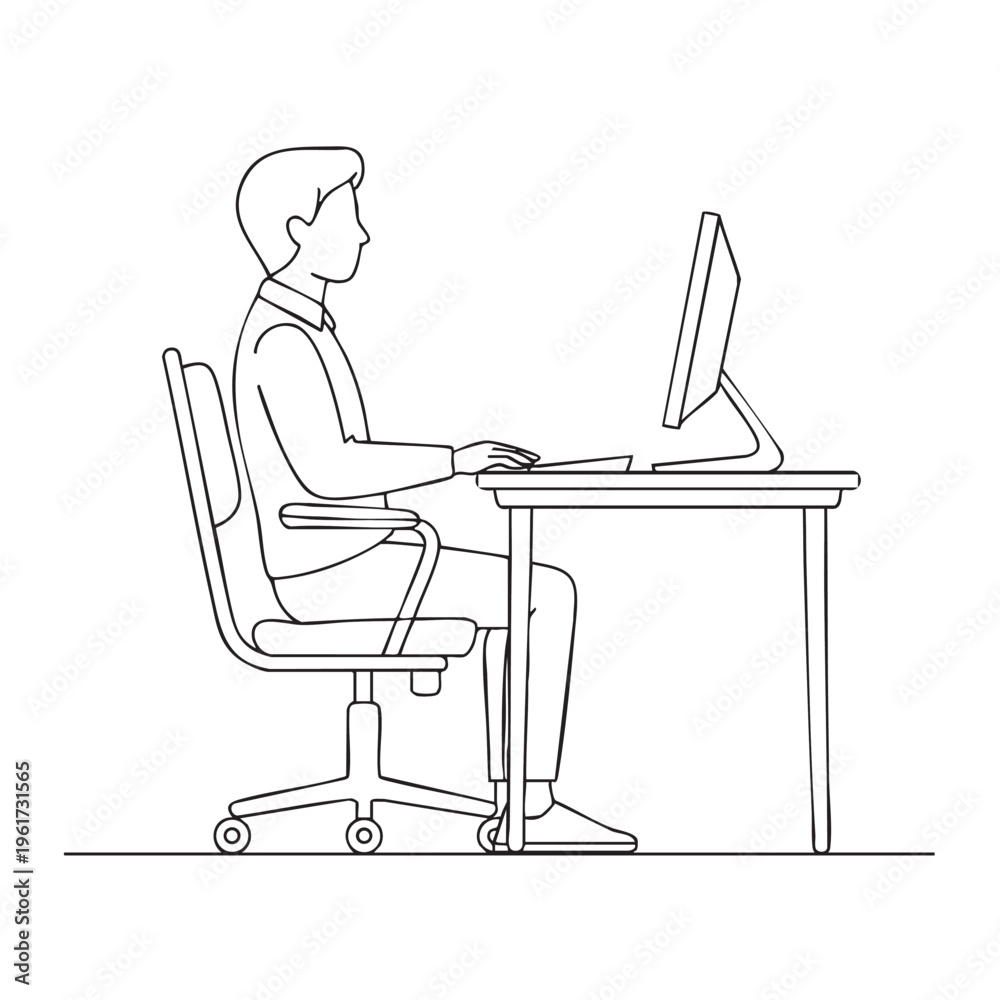 Fototapeta premium A man sits at a desk working on a computer with focused attention.