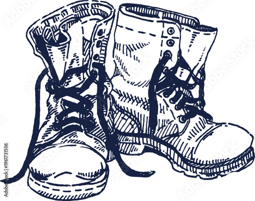 A detailed sketch of a pair of sturdy lace-up boots, perfect for outdoor adventures and rugged wear