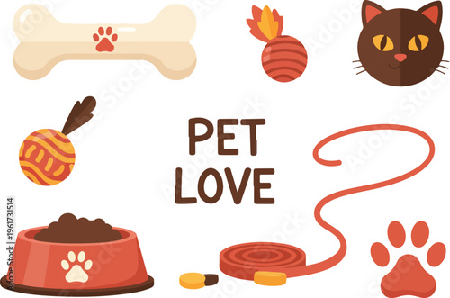 Pet care, love and accessories A collection of items and symbols associated with pet ownership and affection for animals