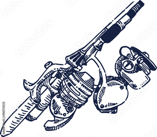Detailed line art illustration of a classic fishing rod with an attached reel, capturing the essence of angling sports and leisurely outdoor pursuits, perfect for hobbyists