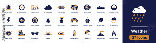 Weather icon set. Containing alert siren, barometer, cloud cover, rain gauge, sleet cloud, thermometer, umbrella, sunrise, wildfire and more. Solid fill vector weather icons collection.
