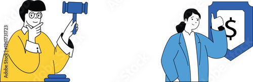 Professional woman with gavel and another showing dollar sign symbolizing justice and financial agreement