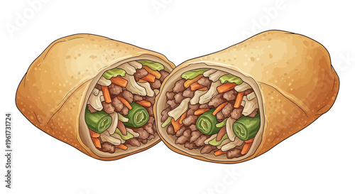 Golden Fried Egg Roll Cut in Half Showing Savory Filling