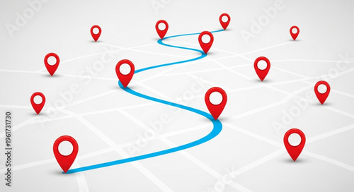 Route planning with location pins on a map, navigation concept.