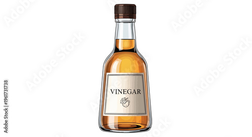 Glass bottle of apple cider vinegar with label and cork stopper, isolated on white background.