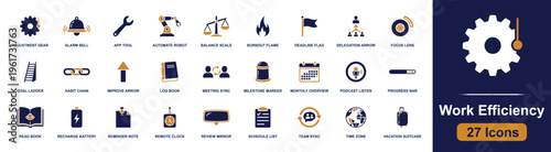 Work efficiency icon set. Containing goal ladder, habit chain, meeting sync, milestone, progress bar, reminder note, schedule list, team sync and more. Solid fill vector icons collection.