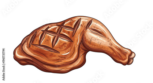 Grilled chicken leg, crispy skin, isolated on white background, food illustration