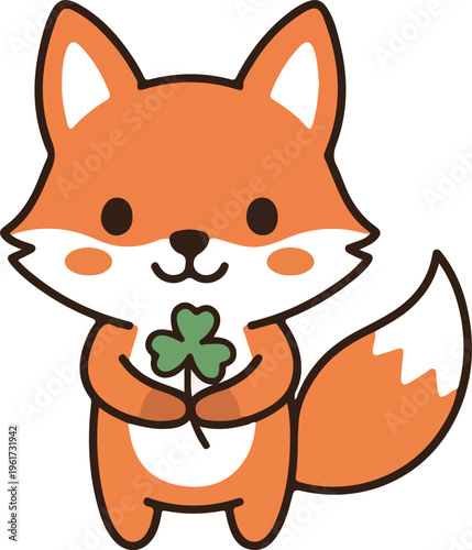 Cute fox holding four leaf clover illustration, lucky animal character, kawaii style