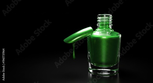 Vibrant green shimmer nail polish bottle with dripping brush showcased on a dark background for dramatic cosmetic presentation