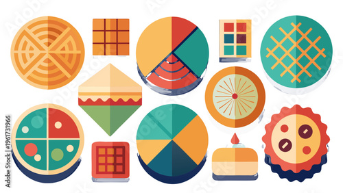 Abstract Minimalist Bakery Items and Colorful Geometric Food Icons in Flat Vector Style